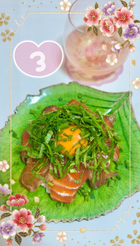 サーモン漬け丼、仕上げ作業