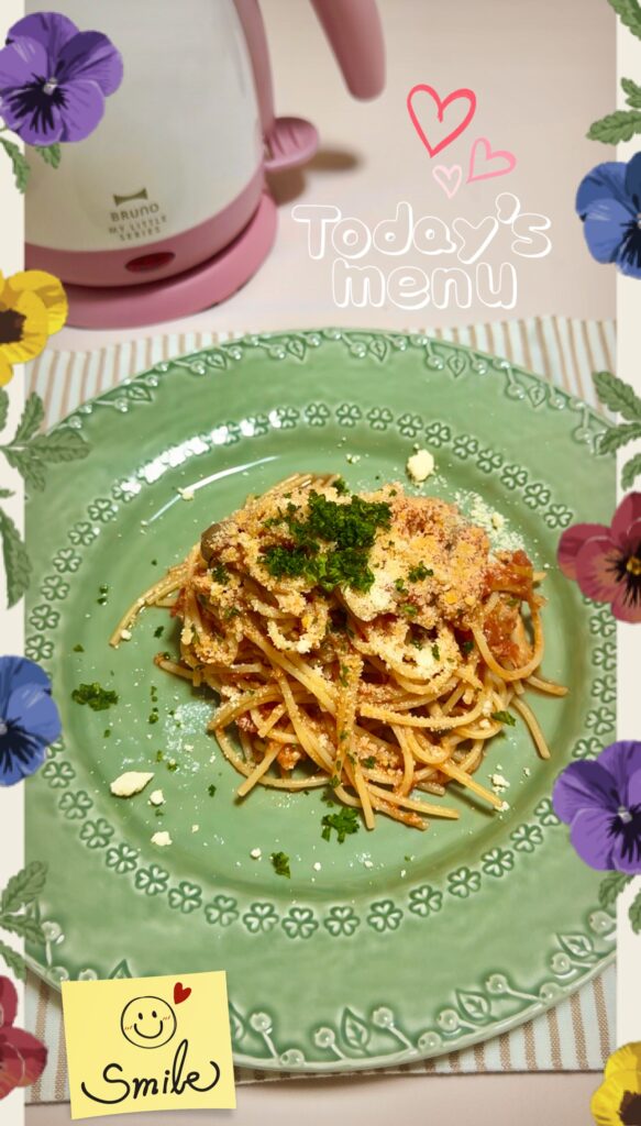 ミートボールのトマトリメイクパスタ　完成写真1